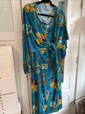 IMAN Teal Floral Tie-Front Midi Dress